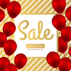 Sale banner design. Golden Shining Balloons on Gold Luxury Striped Background with White Square Frame. Seasonal sales. Space for your text. Vector sales poster, flyer, template, tag, label, badge.