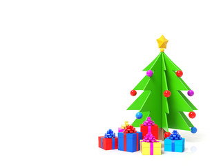 Decorative christmas paper cartoon style tree, balls toys, golden star with several present gifts boxes isolated on white background. Happy new year holiday theme. 3d illustration