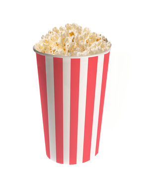 Popcorn in classic striped bucket isolated on white background