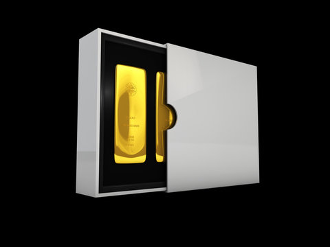 3d Illustration of box with gold bars, gold in the cardboard box. Open and closed boxe.