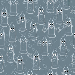 Seamless pattern with funny outline cartoon condoms on the dark background with heart shapes. Vector illustration.