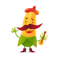 Happy corn character in boots and Mexican holding guitar, cartoon vector illustration isolated on white background. Yellow corn in boots and sombrero with thick moustache playing Mexican guitar