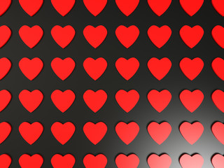 Red 3d heart pattern with light effect. Valentine's day theme on black background. Image for holiday, amour, dating, couple, lovers fondness. 3d illustration