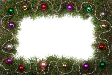 Fototapeta na wymiar Christmas frame made of fir branches decorated with balls isolated on white background