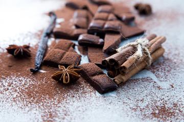 Chopped chocolate with cocoa, cinnamon and vanilla stick