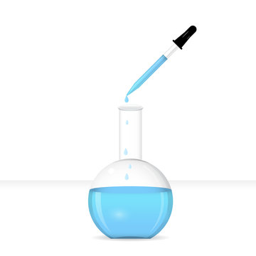 Flat-bottomed chemical flask with pipette on lab table