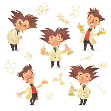 Stereotypic bushy haired mad professor wearing lab coat in various poses, cartoon illustration isolated on white background. Crazy laughing comic scientist, mad professor, chemist, doctor
