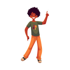 Full length portrait of african amercian teenaged boy in orange jeans dancing, cartoon style vector illustration isolated on white background. Smiling black boy with a wide smile dancing