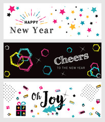 Set of Christmas and New Year social media banners. Hand drawn vector illustrations for website and mobile banners, internet marketing, greeting cards and printed material.
