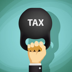 Man holds in a hand kettlebell with the word tax. Stock Vector c