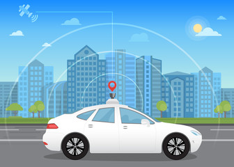 Fototapeta na wymiar Self-driving intelligent driverless car goes through the city using modern navigation gps technology adapted for navigation sensor and satellite