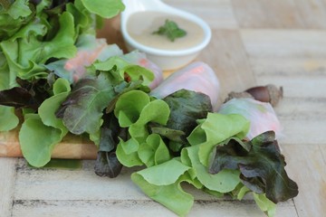 Fresh vegetable salad roll with salad dressing.