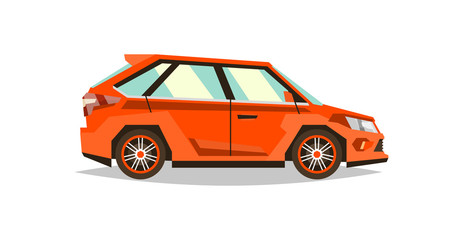Orange car hatchback. Side view. Transport for travel. Gas engine. Alloy wheels
