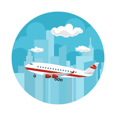 Icon Airplane on the Background of the City, Plane Flies to the West, Travel and Tourism Concept , Air Travel and Transportation, Vector Illustration