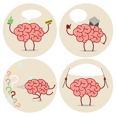 Brain Cartoon different actions. Choice, scientist, running, banner. Vector isolated set of images