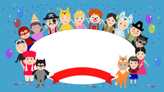 Festive background with kids in costumes around. Children in carnival costumes. Vector cartoon