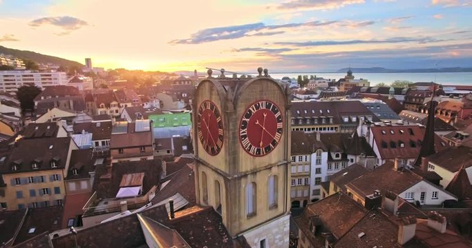 Aerial view of Vintage Bell-Tower in Neuchatel, Switzerland
