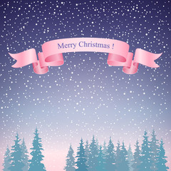 Snowfall in the Forest, Merry Christmas Landscape in Purple Shades ,Pink Ribbon , Winter Background, Vector Illustration