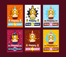 Set of greeting cards on his birthday. Tiger playing on a drum, surrounded by confetti. Other pleasant colors. Designed for printing invitations and congratulations, cards. Vector illustration