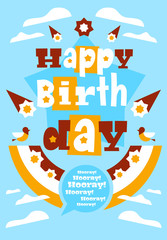Obraz premium Greeting card with happy birthday. Designed for printing invitations and congratulations. Rainbow, birds, fireworks, clouds, letters. Vector illustration of a flat style.