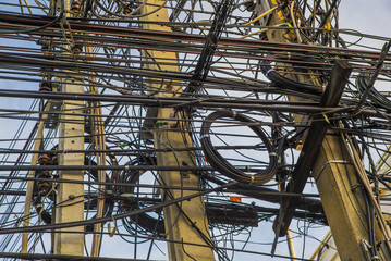 Wire and cable clutter. Potential danger from a mess of wires at Thailand.