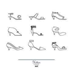 Beautiful set of isolated on background flat vector shoes hand drawn in stylish collection of kitten heels. Fashion illustration good for creative design. Black and white image on white background