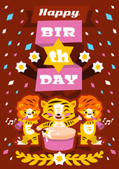 Postcard Happy Birthday with tiger cub plays drums. Designed for printing invitations and congratulations. Lion cub playing on flute. Music Orchestra. African animals. Letters, fireworks, birds
