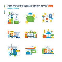 Shop, development, finance, communication, teamwork, investment, savings, insurance, protection, support