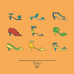 Beautiful set of isolated on background flat vector shoes hand drawn in stylish collection of kitten heels. Fashion illustration good for creative design. Color bright image on orange background