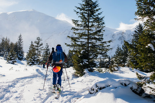 A tourist with a backpack and ski tours travels winter Carpathia