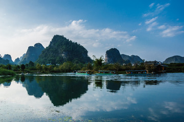 The karst mountains and river scenery in the evening 