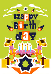 Greeting card with happy birthday. Cake with candles, a giraffe and a scarf. Gifts, clouds, Shooting Stars, letters, birds. Designed for printing invitations and congratulations.