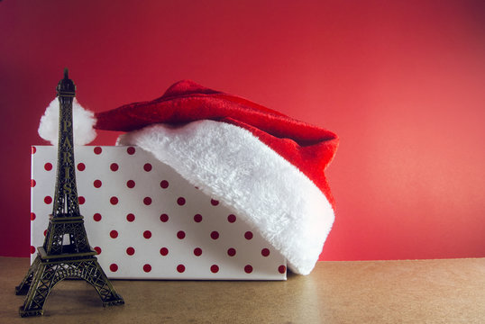 gift and santa hat with eiffel tower