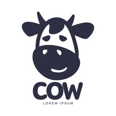 Funny cow head logo template, cartoon vector illustration on white background. Cute, smiling, funny front view cow head for dairy, beef, farm products logo design