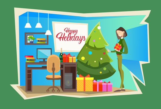 Business Woman Hold Present Box Gift Merry Christmas And Happy New Year Celebration Office Interior Flat Vector Illustration