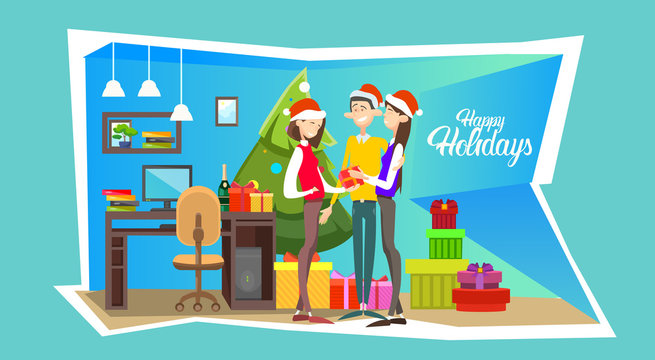 Businesspeople Celebrate Merry Christmas And Happy New Year People Group Santa Hat Flat Vector Illustration