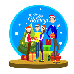 Businesspeople Celebrate Merry Christmas And Happy New Year People Group Santa Hat Flat Vector Illustration