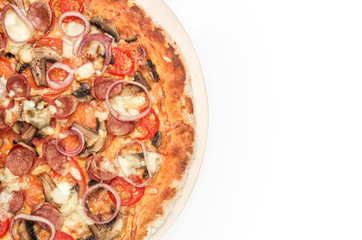 Delicious pizza with sausages and onion on white background. Top view