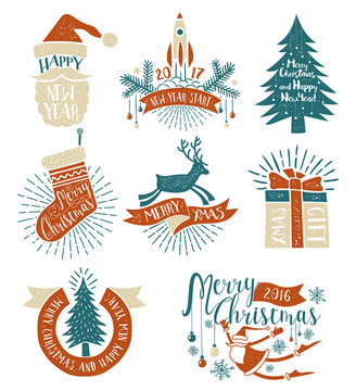 Christmas colored vintage logos, lettering and symbols with decorative elements. Text and letterpress effect on separate layers.