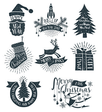 Merry Christmas monochrome retro logos, emblems and lettering with New Year symbols. Vector illustration. Text and Stamp effect on separate layers.