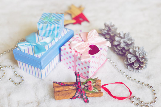 Ornamental gift boxes in holiday environment