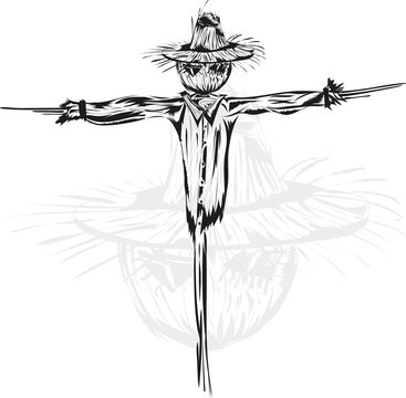 Old scarecrow. Hand-drawn image on white background