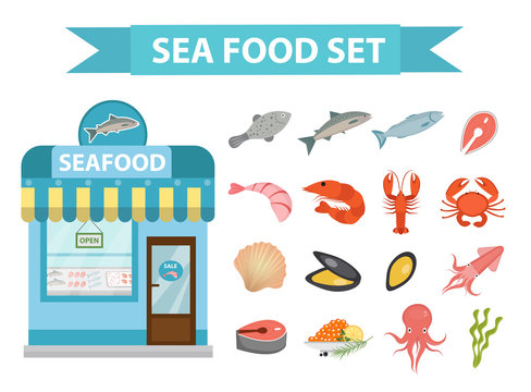 Seafood icons set vector, flat style. Sea food collection isolated on white background. Fish products illustration, design element. Fish store building, showcase