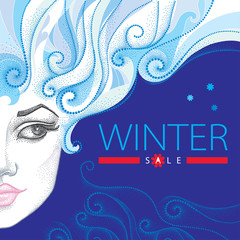 Vector illustration with winter sale in blue and red, swirls, snowflakes and half dotted girl face on blue background. Design template or poster for total sale and discount in trendy dotwork style.