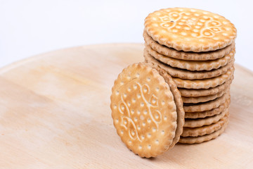 Stacked chocolate biscuits with copy space