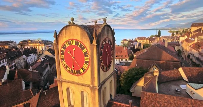 Aerial view of Vintage Bell-Tower in Neuchatel, Switzerland