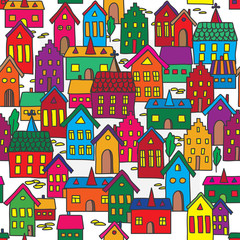 Seamless pattern background with european houses in bright color