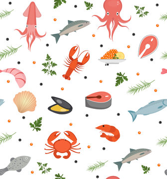 Seafood seamless pattern. Fish food endless background, texture. Underwater, sea life backdrop. Vector illustration