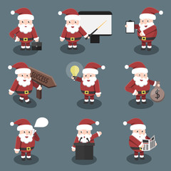Collection of vector cartoon Santa Claus character in business and marketing poses and situations. Concept of Happy New Year and Christmas