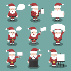 Collection of vector cartoon Santa Claus character in responsive and business poses and situations. Concept of Happy New Year and Christmas.